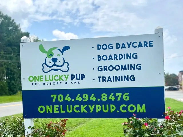 One Lucky Pup Northlake roadside sign listing daycare, boarding, grooming, and training