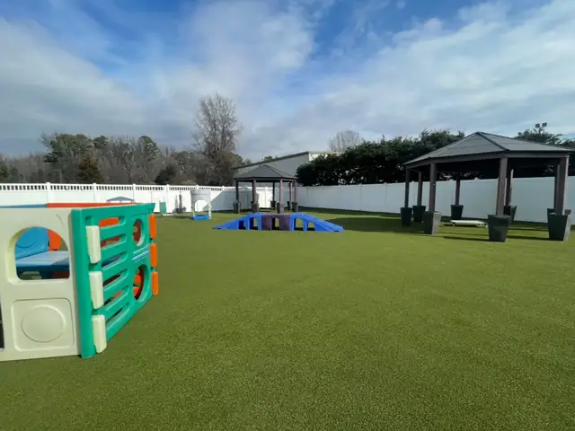 Outdoor dog play yard with artificial turf, shade structures, and play equipment at One Lucky Pup Northlake