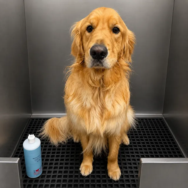 Golden retriever sitting calmly in a grooming tub at One Lucky Pup